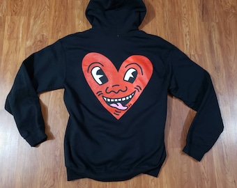 Keith Haring Smiling Heart Adult Large New York City 1980s pop art black hoodie pullover sweater Haring's heart is a symbol of optimism love