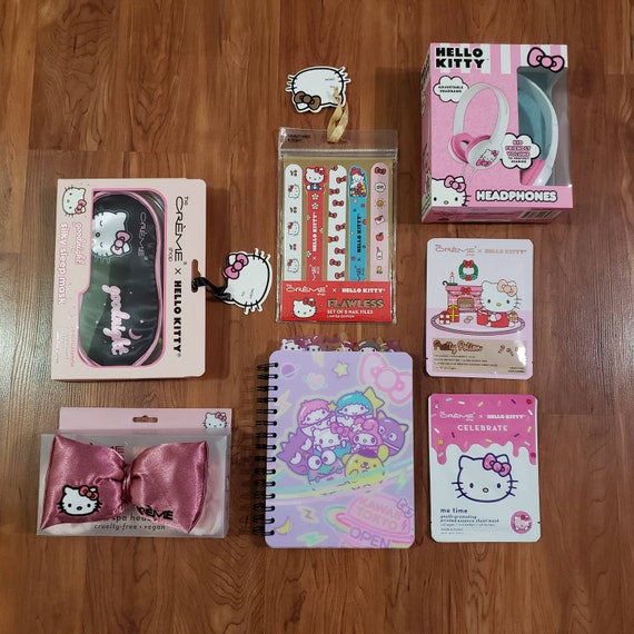 Lot of 7 New Hello Kitty by Sanrio X Creme Silky Sleep Mask Face Mask  Notebook Nail Files Headband Headphones Limited Edition Gift 