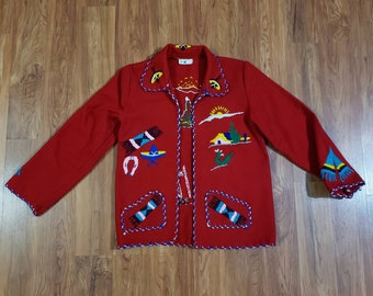 Vintage Red felt 1940s Mexican tourist suvineer jacket for a kid rainbow hand embroidered made in Mexico by Lopez 100% Wool gift decor