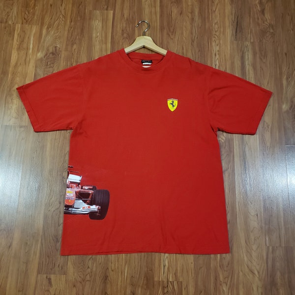 Vintage late 1990s Ferrari of Houston red single stitch made in USA double sided heavy screen print adult Large tshirt big spellout logo