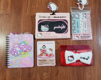 Lot of 7 New Hello Kitty by Sanrio X Creme Silky Sleep Mask Face Mask  Notebook Nail Files Headband Headphones Limited Edition Gift 