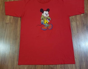 Vintage late 1980's red Mickey Mouse single stitch sleep tshirt heavy screen print size Large to XL Walt Disney classic 80s Pachucos hip hop