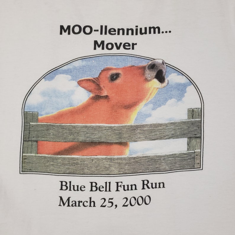 Vintage y2k 2000s Blue Bell Ice cream company shirt white tshirt adult Medium Moo-llennium mover fun run dated 3/25/2000 Millennium cow image 2