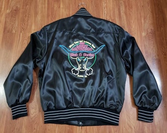 Vintage black the Lucky Longhorn bomber 1980's snap on button jacket Active generation made in USA size L - XL gift neon colors