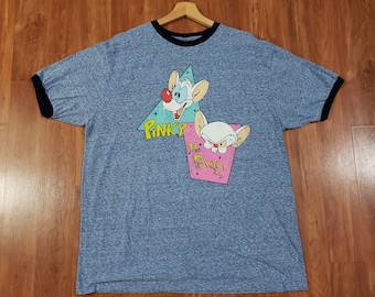 Pinky and the Brain shirt distressed worn look Size XL Warner Bros created by Tom Ruegger Animaniacs blue Heather Ringer tshirt