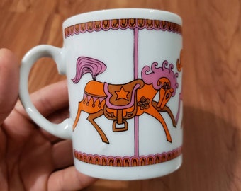 Vinatge 1960s Stylecraft Porcelain Carousel mug #1223 Made in Japan Midcentury Coffee Cartoon Cup Horses cute small best gift office decor