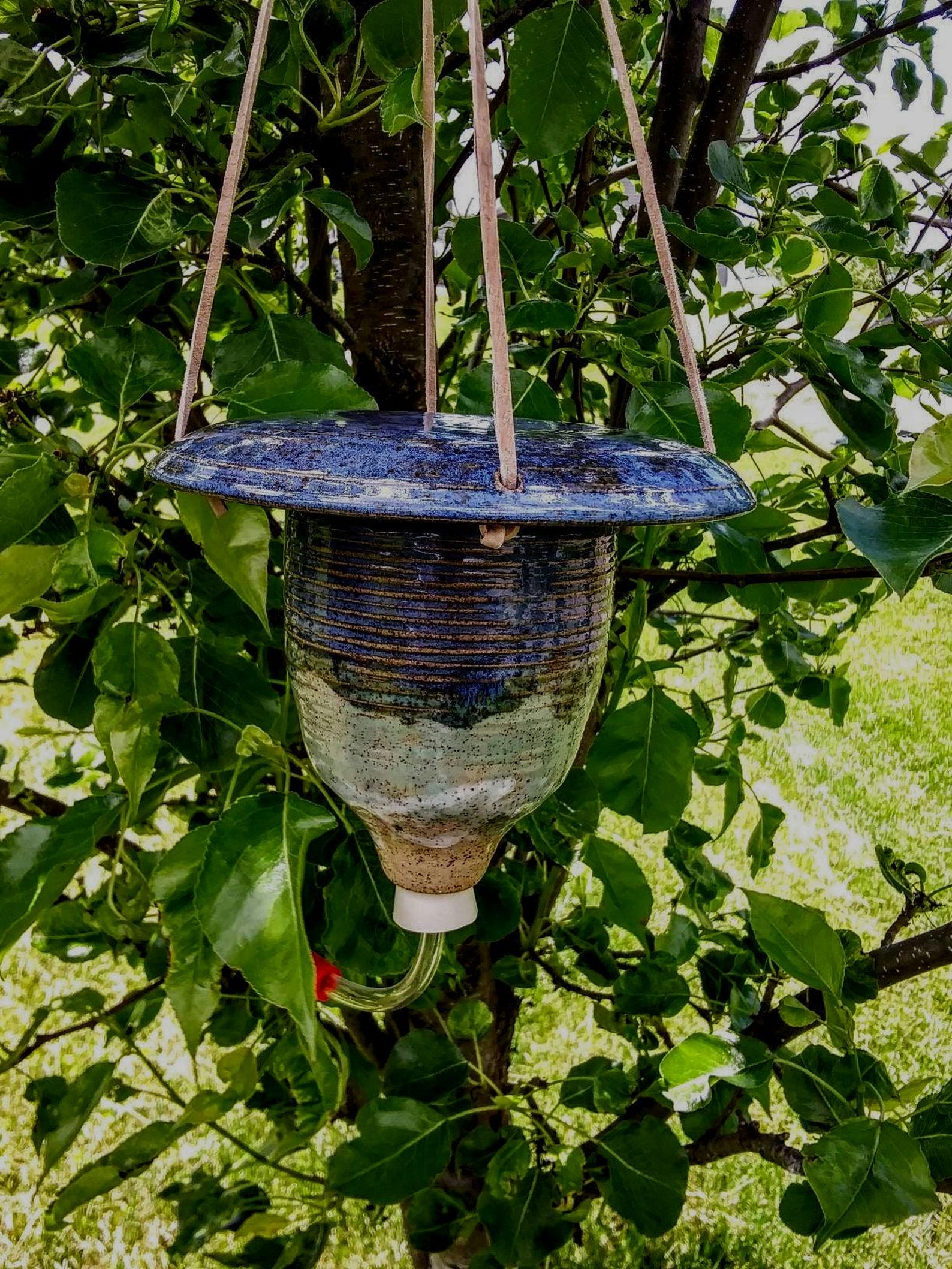Stoneware Pottery Hummingbird Feeder with Leather Hanger - sea life