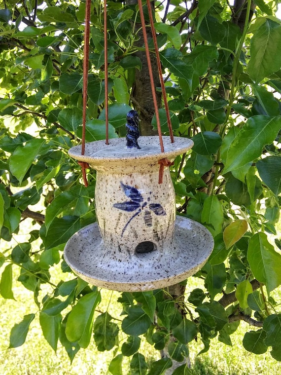 Hand-Thrown Stoneware Pottery Bird Feeder with Leather Hanger