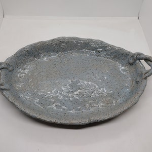 Handmade Stoneware Pottery Floral Embossed Blue Oval Tray Platter