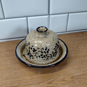 May include: A ceramic butter dish with a lid. The dish and lid are beige with a speckled pattern and dark blue floral designs. The rim of the dish and the top of the lid are outlined in dark blue.