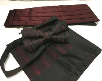 Vintage Mens Cummerbund Set Bow Tie + Hanky Satin Design Downton Abbey Steampunk