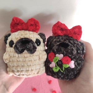 Pug with Bow and Bouquet Rose Hearts Plush: Small Handmade Crochet Stuffed Animal Pug Dog Plushie