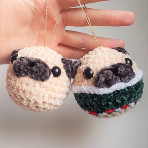 Christmas Pug Ornament Ball/ Keychain: Customizable Handmade Crochet Amigurumi Gift