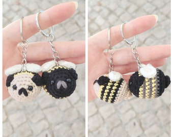 Pug Bee Keychain Charm/ Hook: Handmade Crochet Amigurumi