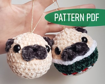 Christmas Pug Ornament Crochet PATTERN! Amigurumi Dog in Sweater and Scarf, Christmas Tree Applique