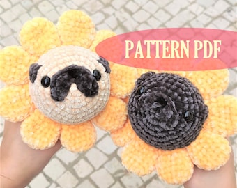 Daisy Pug Plushie Crochet PATTERN! Amigurumi Dog in Sunflower Wreath