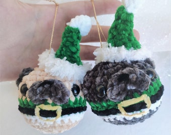 Santa's Elf Pug Ornament Ball: Customizable Handmade Crochet Applique Christmas Gift