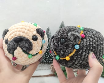 Pug with Christmas Lights Plush: Handmade Crochet Pug Plushie Toy