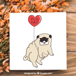 Karta pocztowa Pug | Listonosz Pug z balonem w kształcie serca