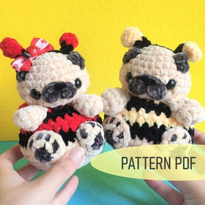 May include: Two crocheted pug amigurumi toys. One is a ladybug with red and black accents and the other is a bee with yellow and black accents. The text "PATTERN PDF" is visible in the image.