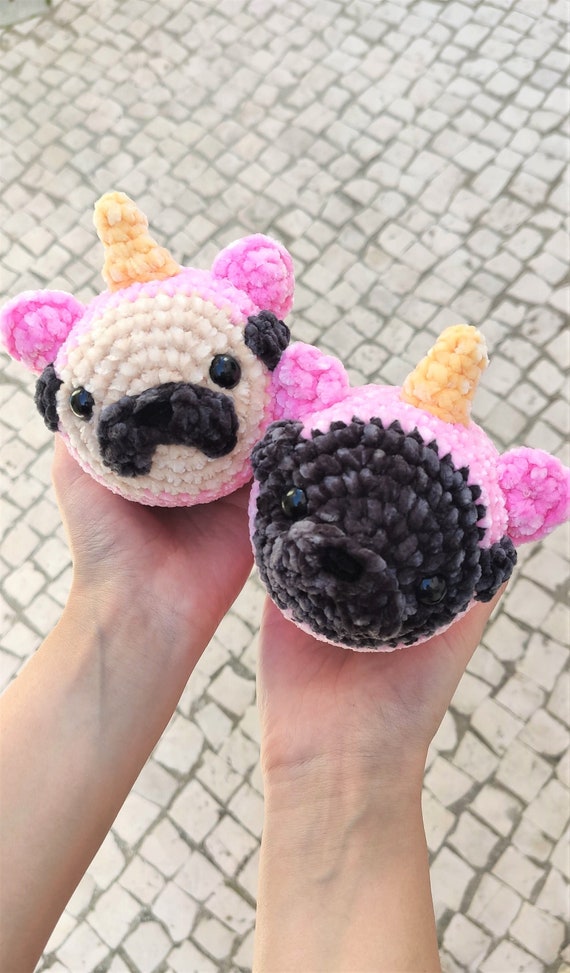 Pug Unicorn Plush Handmade Crochet Stuffed Animal Pug Dog in a Unicorn Pink Cat Sweater Etsy