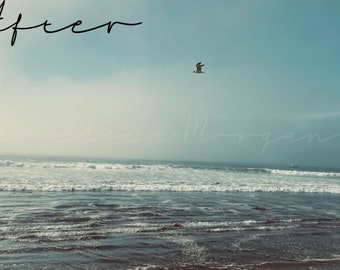 May include: A tranquil coastal scene featuring a seagull soaring in a blue sky. The ocean waves break on the shore, evoking a sense of peace. The word "After" and the name "Chelsea Morgan" are written in a cursive font.