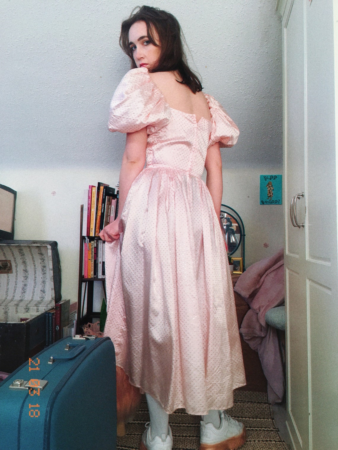 Pink puffsleeve prom napoleon dynamite dress mini gold polka | Etsy