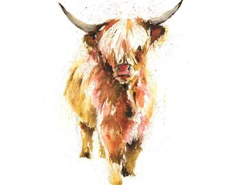 Fine Art Print of THREE HIGHLAND COWS watercolour by 605