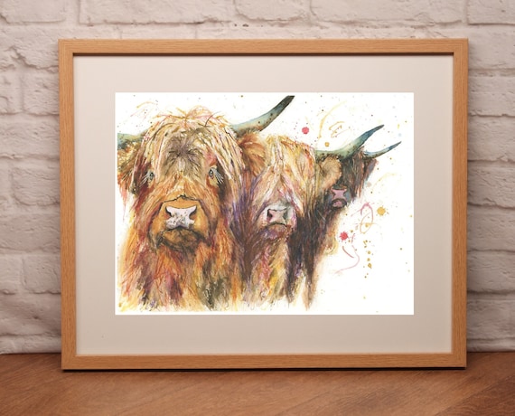 Fine Art Print of THREE HIGHLAND COWS watercolour by 605