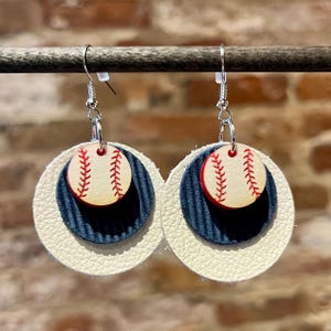 Baseball Earrings in New York Yankees or Tampa Bay Rays’ White and Navy Leather with Silver Hooks and Engraved Acrylic Baseball Charms