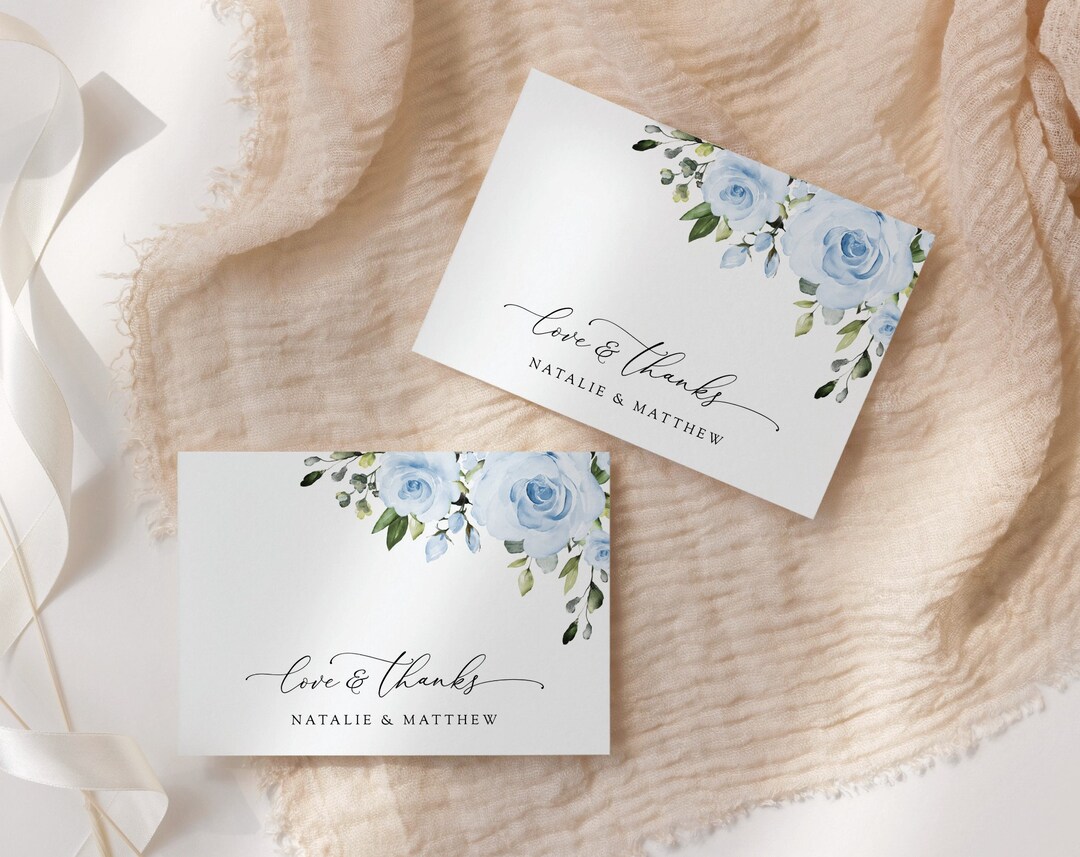 Dusty Blue Flowers, Floral Thank You Card, Wedding Thank You Card ...