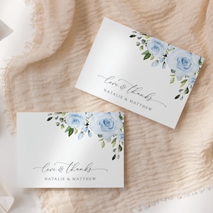 Fleurs bleu poudré, carte de remerciement florale, carte de remerciement de mariage, verdure, bohème, mariage bohème, mariage bleu, modèle modifiable, SH24