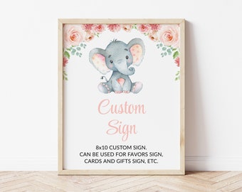 Elephant Baby Shower Custom Sign, Baby Shower Sign, Girl Baby Shower, Pink Flowers, Watercolor Flowers, Editable Baby Shower Template, SH07