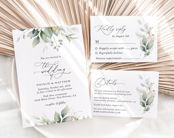 Suite de faire-part de mariage verdure, RSVP, carte de détails, feuilles d'eucalyptus, mariage bohème, mariage bohème, feuillage, modèle modifiable, SH46