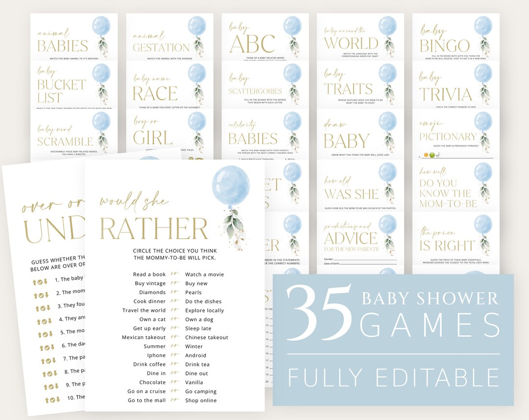 Blue Balloon Baby Shower Games Bundle, Set of 35 Games, Boy Baby Shower