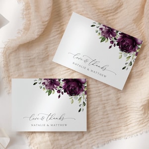Flores moradas, flores de ciruelo, tarjeta de agradecimiento floral, tarjeta de agradecimiento de boda, vegetación, bohemio, boda morada, plantilla editable, SH31