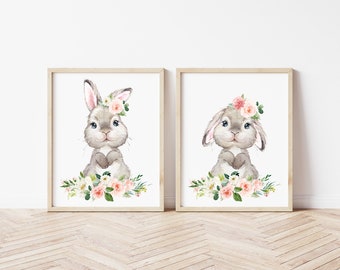 Bunny kwekerij prints, kinderkamer kunst aan de muur, set van 2, konijn, roze bloemen, aquarel bloemen, decor van de meisjeskwekerij, Instant Download, SH05