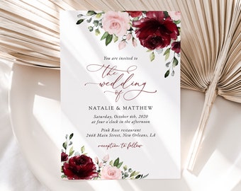 Floral Wedding Invitation, Burgundy Flowers, Blush Pink Flowers, Watercolor Flowers, Greenery, Instant Download, Edit Yourself, SH01