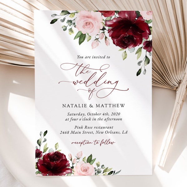 Floral Wedding Invitation, Burgundy Flowers, Blush Pink Flowers, Watercolor Flowers, Greenery, Instant Download, Edit Yourself, SH01