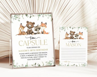 Forest Animals First Birthday Time Capsule, Wild One, Woodland Animals, Cute Animals, Eucalyptus, Greenery, Editable Birthday Template, SH28