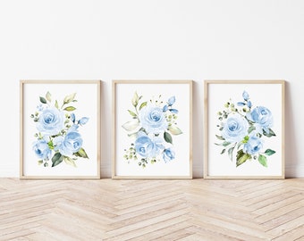 Blue Flowers Nursery Prints, Floral Wall Art, Set of 3, Nursery Art Prints, Printable Wall Art, Boy Nursery Decor, Instant Download, SH10