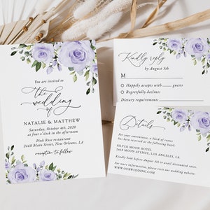 Floral Wedding Invitation Suite, Purple Flowers, Lilac Flowers, Lavender Flowers, Watercolor Flowers, Instant Download, Edit Yourself, SH29 image 1