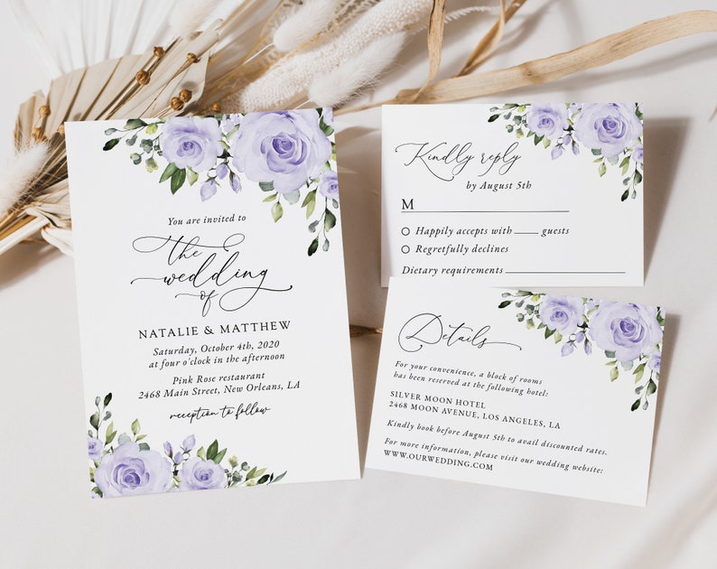 Floral Wedding Invitation Suite, Purple Flowers, Lilac Flowers, Lavender Flowers, Watercolor Flowers, Instant Download, Edit Yourself, SH29 image 1