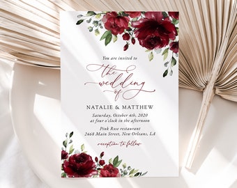 Floral Wedding Invitation, Burgundy Flowers, Red Flowers, Watercolor Flowers, Burgundy Wedding, Boho, Instant Download, Edit Yourself, SH02