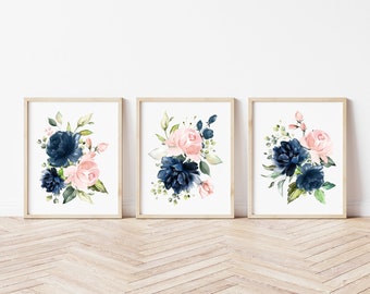 Navy and Blush Flowers Nursery Prints, Floral Wall Art, Set of 3, Blue Flowers, Pink Flowers, Gender Neutral Nursery, Instant Download, SH10