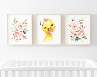 Eend kwekerij prints, kinderkamer kunst aan de muur, set van 3, boerderijdieren, roze aquarel bloemen, decor van de meisjeskwekerij, Instant Download, SH06