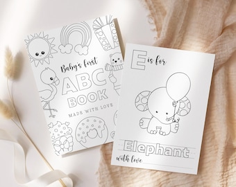 Baby&#39;s First ABC Book, Baby Shower Alphabet Book, Baby Shower Coloring Pages, Baby Shower Coloring Book, 2 Sizes Included, Instant Download
