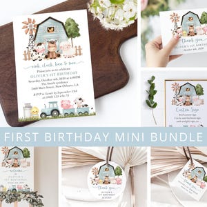 Pode incluir: Uma coleção de artigos de papelaria com tema de fazenda para uma festa de primeiro aniversário. Os designs apresentam um celeiro azul, um moinho de vento e vários animais de fazenda. O convite inclui o texto "Oliver's 1st Birthday".