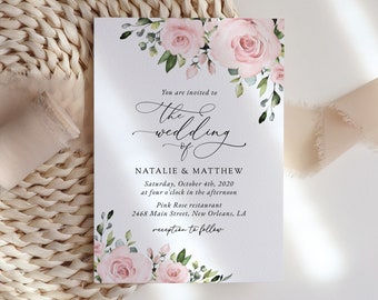 Floral Wedding Invitation, Blush Flowers, Pink Flowers, Watercolor Flowers, Blush Wedding, Instant Download, Edit Yourself, SH03