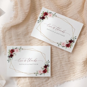 Burgunder Blumen, Blush Blumen, rosa Blumen, Blumen Dankeskarte, Hochzeit Dankeskarte, Grün, Boho, bearbeitbare Vorlage, SH36